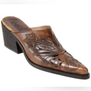 CARLOS Rodeo Leather Mules Women’s Size 7 Brown Inlay Clogs Western Cowboy